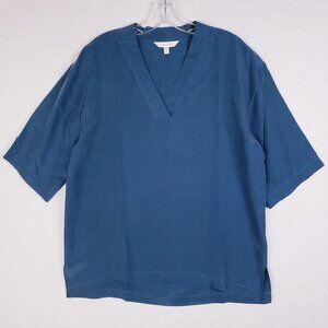 Garnet Hill 100% Silk Blouse Top V-neck Blue Boxy Minimalist size S Oversized